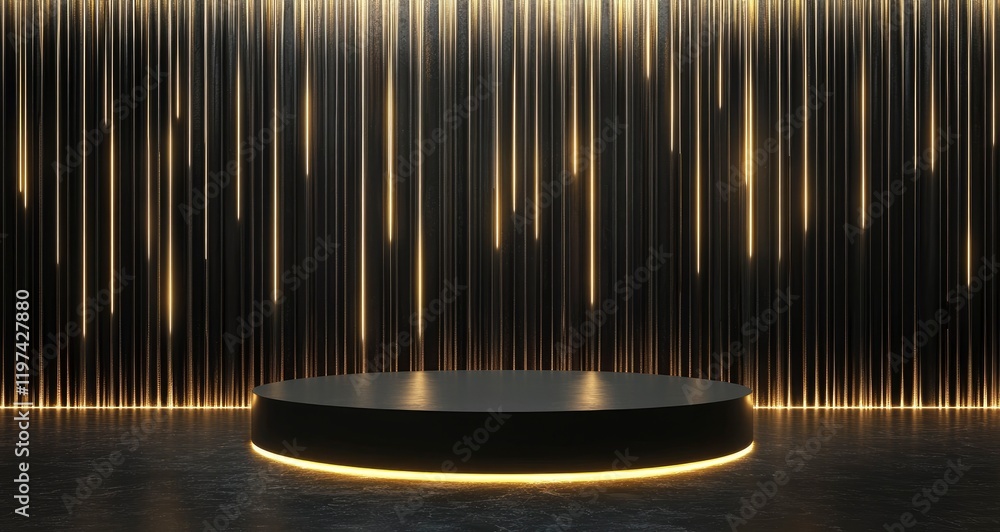 Poster abstract empty stage with golden light and podium for product presentation on a black background, ve