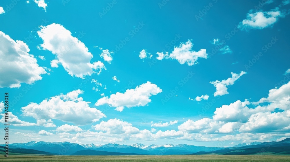Poster vast open landscape with clear blue sky and fluffy white clouds over distant mountains in the daytim