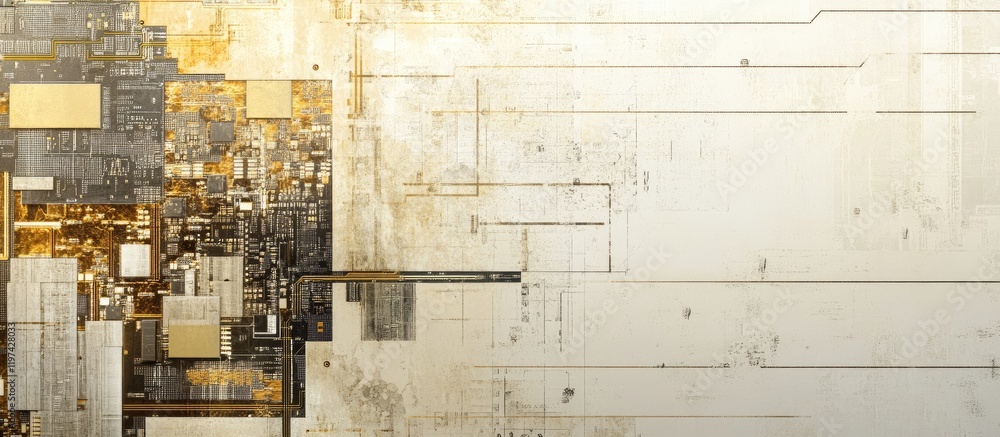 Poster abstract technology background with circuitry design and textures in gold and white colors featuring