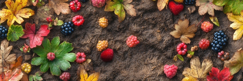 Poster array of colorful autumn leaves and wild berries on rustic earthy background