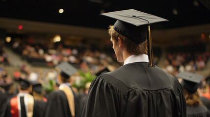 Obraz premium Rear view of male student in graduation gown at graduation ceremony