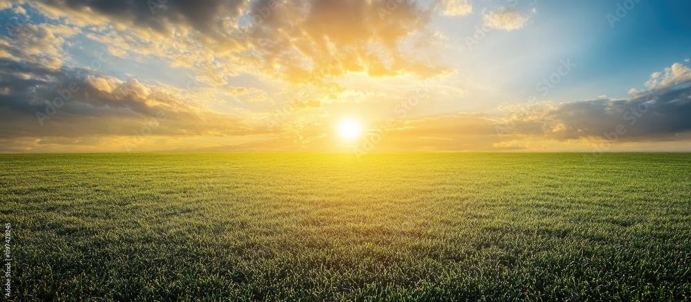 Poster sunrise over grassy field with vibrant sky and clouds panoramic view suitable for background and lan