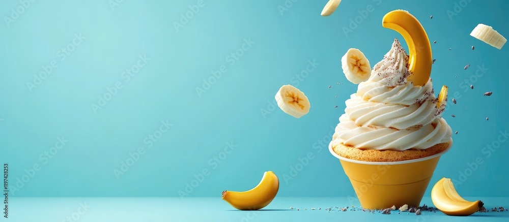 Poster banana ice cream cone with flying banana slices on turquoise background and ample copy space for tex