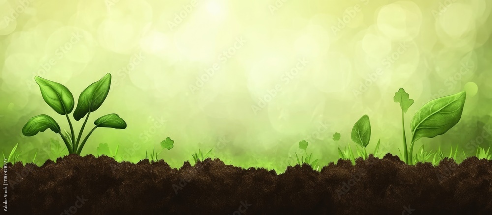 Aufkleber green sprouting plants emerging from rich soil with a soft blurred background providing ample copy s
