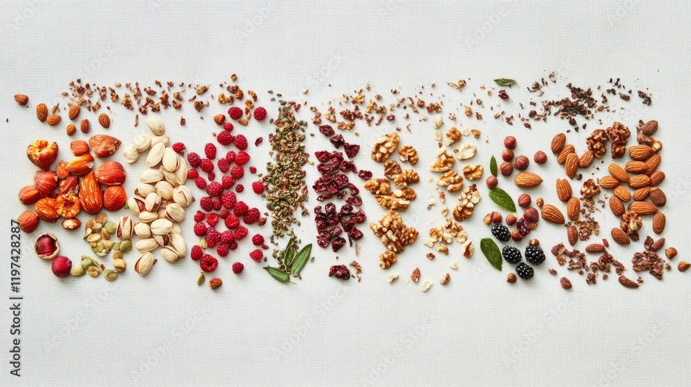 Poster Assorted colorful nuts berries and seeds arranged in rows on a light textured background flat lay shot with natural lighting