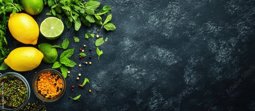 Poster fresh lemons and limes with herbs and spices on a dark countertop with copy space for text placement