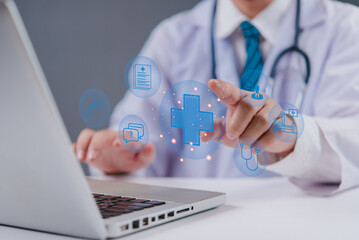 Medical technology healthcare services. innovation, digital solutions in hospitals and clinics. Doctor interacts with virtual health icons, representing patient care and insurance support.
