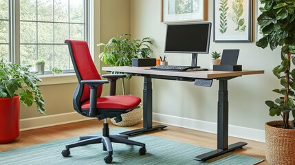 Fototapeta premium A home office featuring a standing desk, ergonomic chair, and greenery to promote a healthy workspace.