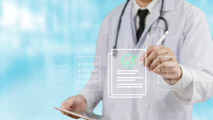 A health care professional working medical checklist to verify patient records. technology in...