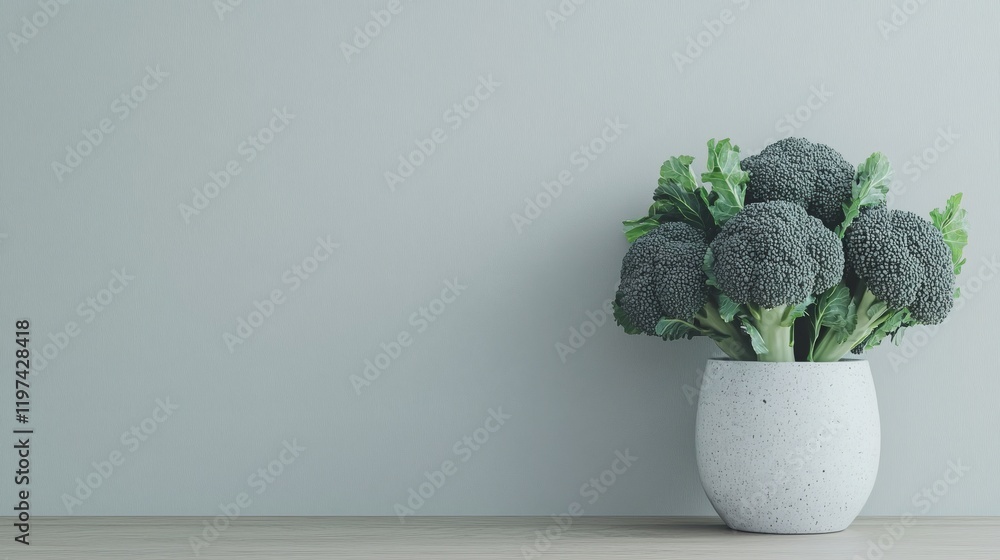 Poster isolated on white background a small group of broccoli heads placed in a straight line for a minimal