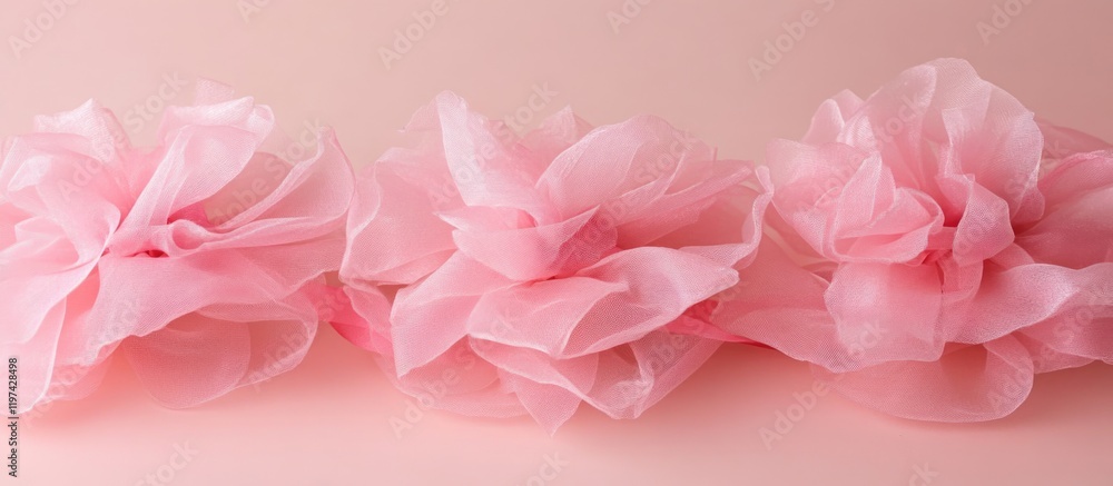 Poster pink sheer fabric flowers arranged in a horizontal line on a soft pink background with ample copy sp