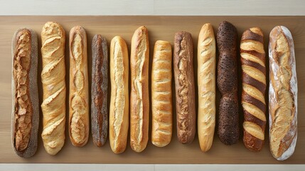 Freshly Baked Assorted French Baguette Loaves in Various Textures and Colors Arranged on a Rustic Wooden Tabletop from a Top View Perspective