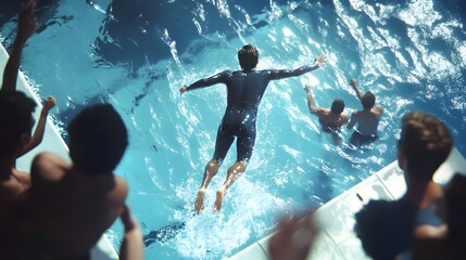 Fototapeta premium Man in wetsuit dives into a swimming pool