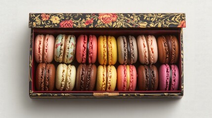 Colorful Assorted French Macarons in Ornate Floral Decorative Box on Neutral Background with Pastel Shades and Elegant Patterns