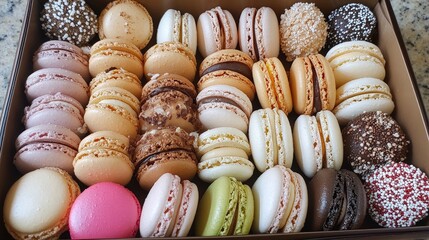 Assorted Colorful French Macarons in Elegant Decorative Box Set Against Marble Surface with Soft Pastel and Bold Tones