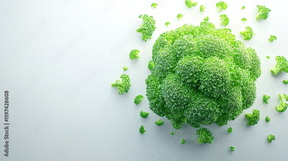 Poster Isolated on white background a broccoli head with smaller florets scattered around creating a natural look Stock Photo with side copy space