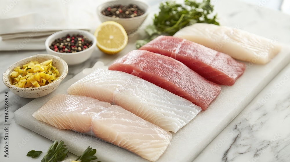 Poster fresh assorted artisan fish fillets on marble counter with lemon slices and colorful spices in decor
