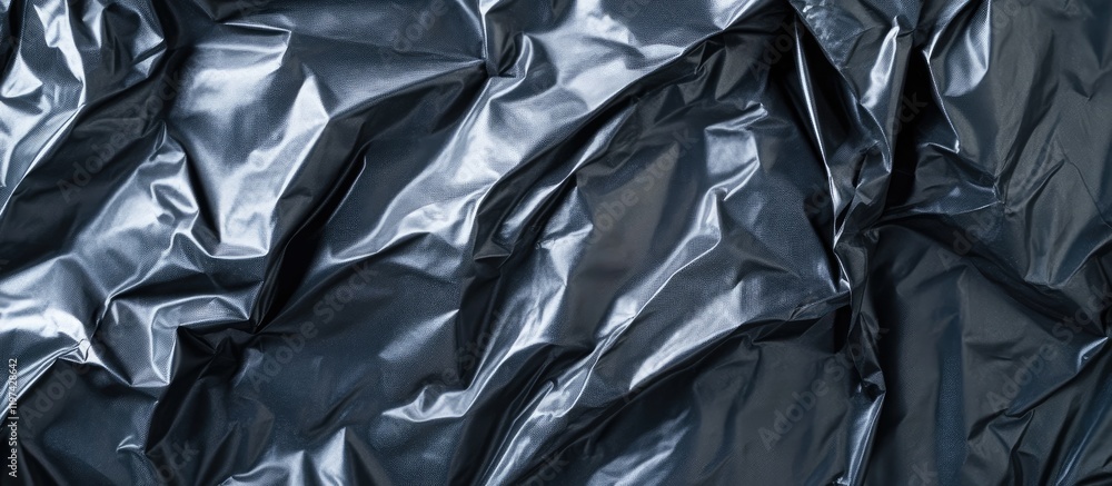 Poster black crumpled plastic sheet texture background with glossy finish and copy space for design element