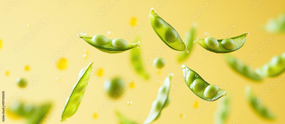 Poster fresh green pea pods floating against a yellow background with copy space for text or graphics
