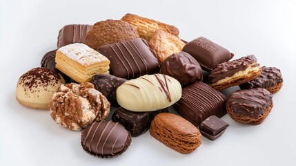 Assorted French pastries including chocolate-covered biscuits and cream-filled delights arranged in an elegant heap on a white background.