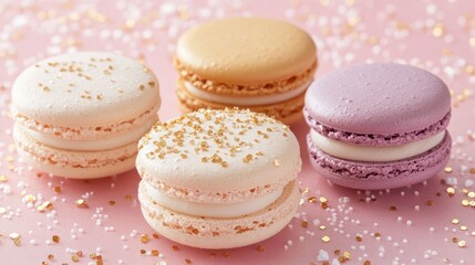 Fototapeta premium Assorted delicate French macarons in white gold pink and purple with golden sprinkles arranged elegantly on a soft pink background showcasing gourmet dessert appeal.