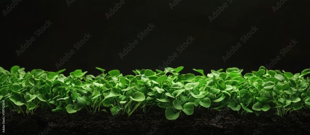 Aufkleber fresh green seedlings growing in dark soil on a black background with ample copy space for text plac