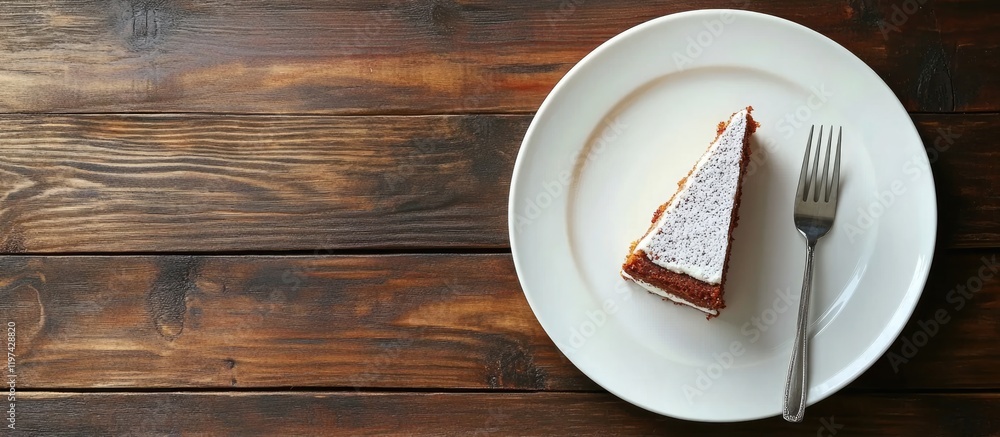 Poster chocolate cake slice on a white plate with fork on rustic wooden table background with copy space fo