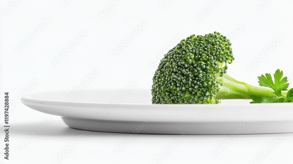 Poster Isolated on white background a single broccoli head resting on a clean white plate for a simple yet elegant arrangement Stock Photo with side copy space