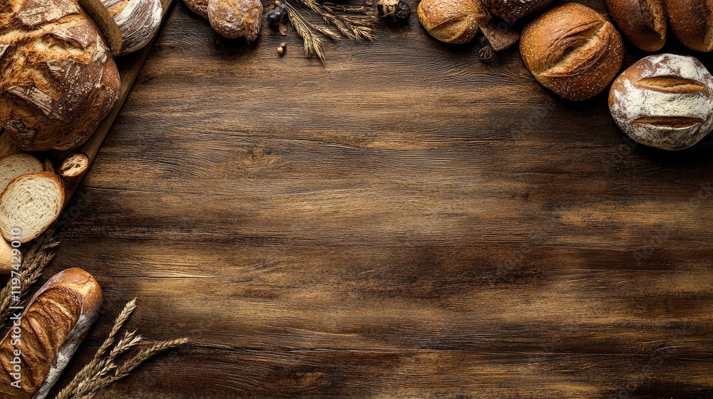 Poster assorted freshly baked breads and bakery goods arranged on a rustic wooden table background with whe