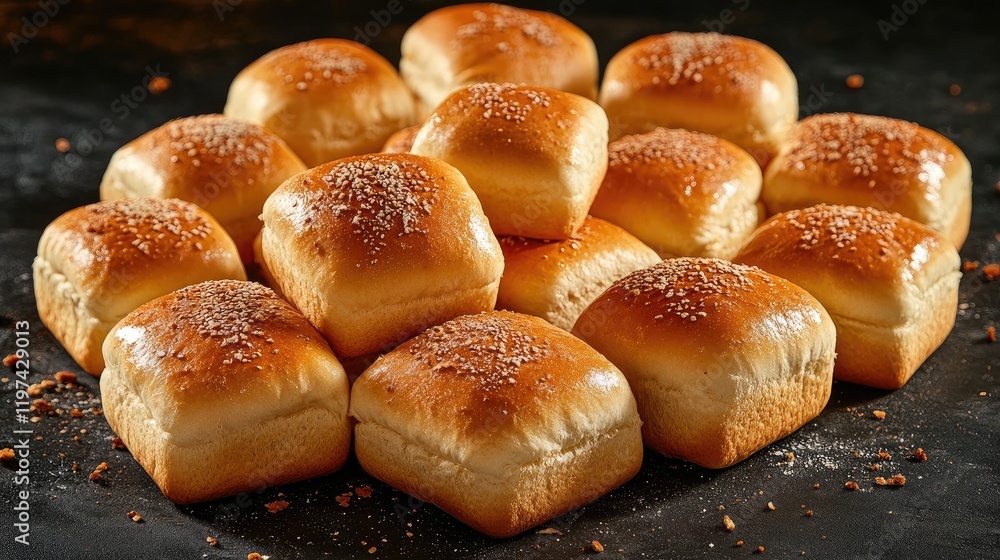 Poster freshly baked assorted bread rolls arranged neatly on a dark textured surface with scattered crumbs 