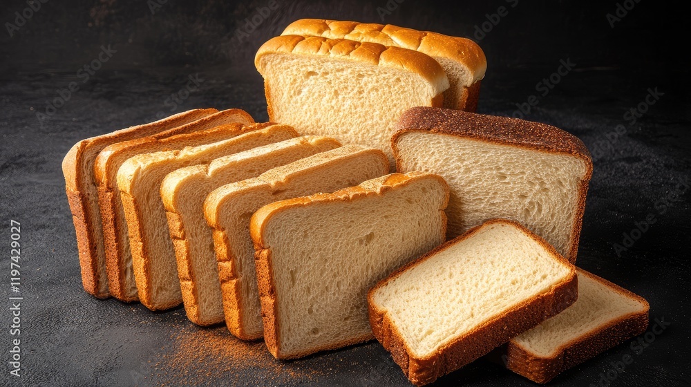 Poster freshly sliced and assorted artisan bread loaves on dark slate background with crumbs scattered in r