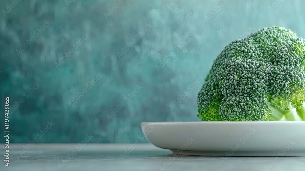 Poster isolated on white background a single broccoli head resting on a clean white plate for a simple yet 