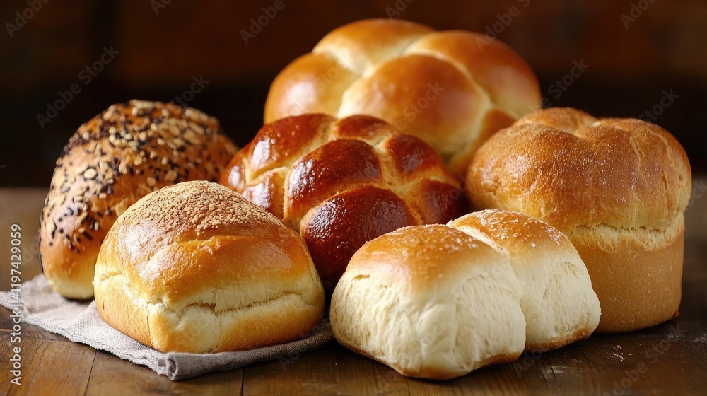Poster assorted fresh breads in various shapes and textures on rustic wooden surface with soft natural ligh