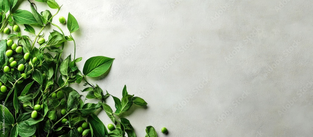 Poster green foliage with leaves and berries on a light textured background with copy space for text insert