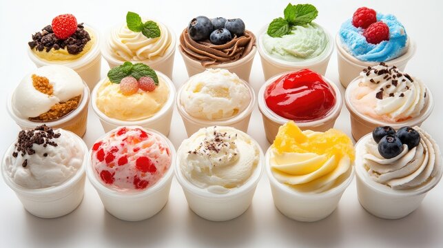 Assorted Colorful Desserts Featuring Creamy Ice Creams Mousses and Puddings in White Cups Surrounded by Fresh Berries and Mint Leaves
