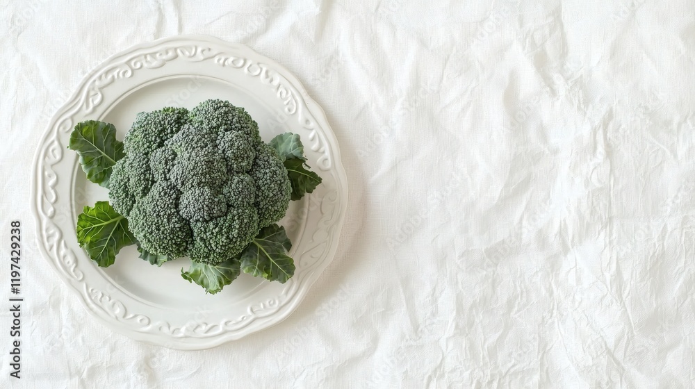Poster Isolated on white background a single broccoli head resting on a clean white plate for a simple yet elegant arrangement Stock Photo with side copy space