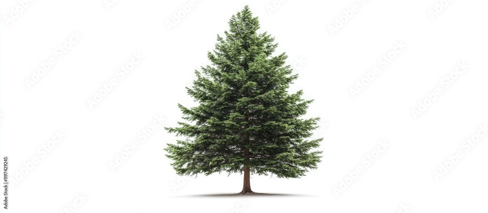 Poster single evergreen conifer tree on white background with ample copy space for text inclusion.