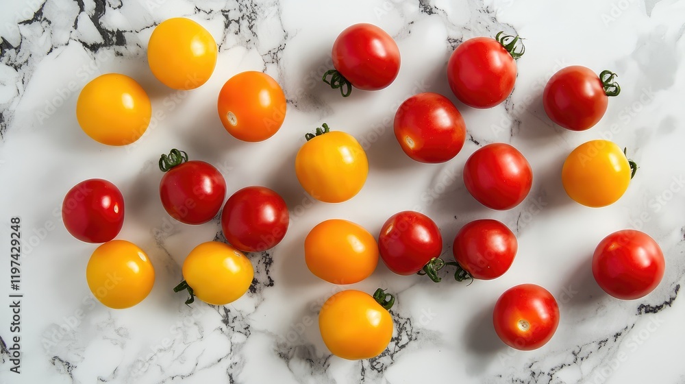 Poster vibrant array of fresh yellow and red cherry tomatoes on elegant marble surface with light backgroun