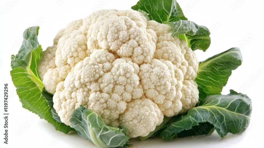 Poster isolated on white background a single fresh cauliflower head with tightly packed white florets and v