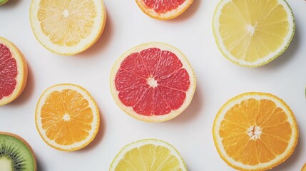 Obraz premium Vibrant Assorted Fresh Citrus Fruits including Grapefruit, Lemon, and Orange Slices on Light White Background with Soft Natural Lighting