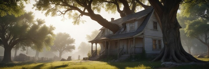 A house leans against a tree as if trying to escape the surrounding chaos, neglect, tilded building
