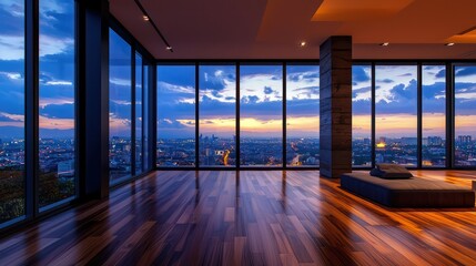 Fototapeta premium apartment with panoramic city views at sunset. Modern design and luxury interior.
