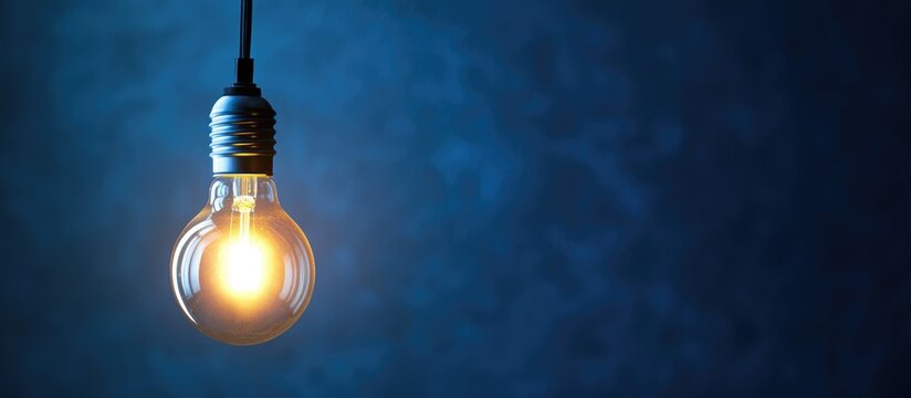 Single vintage incandescent light bulb glowing against a dark blue background with copy space for text