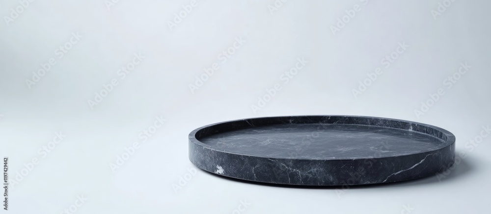 Poster black marble round tray on a light grey background with ample copy space for text placement. ideal f