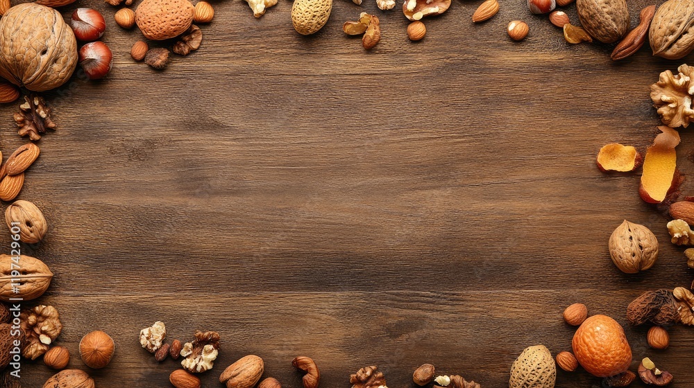 Poster assorted fresh fruits and nuts in warm earthy tones arranged on a rustic wood background creating an