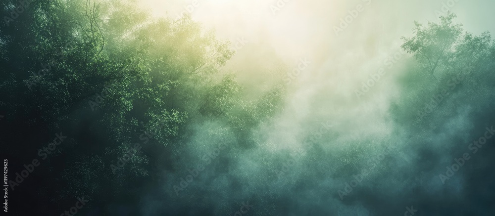 Poster misty forest background with soft green foliage and diffused light creating an atmospheric scene ide