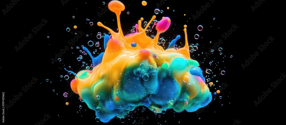 Poster colorful paint splash with vibrant hues against a black background creating dynamic motion and textu