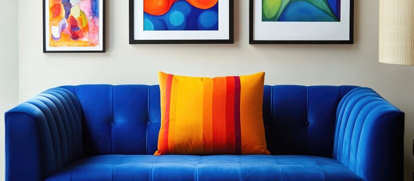 Modern living room interior featuring blue tufted sofa with colorful striped pillow and framed abstract art on the walls Copy Space