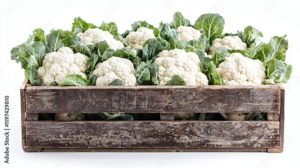 Poster Isolated on white background a group of cauliflower heads neatly arranged in a wooden crate for a rustic presentation Stock Photo with side copy space