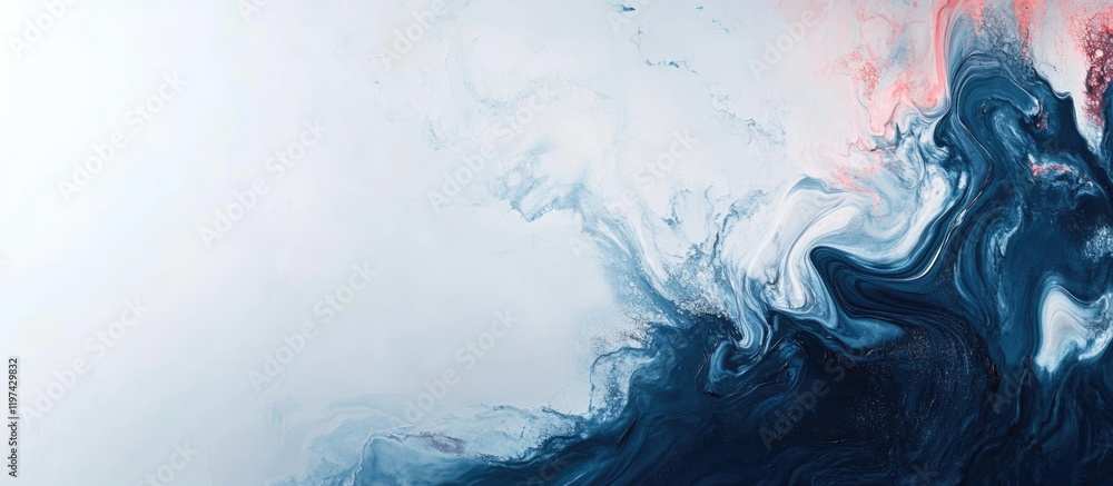 Poster abstract swirling blue and white paint texture with hints of pink creating an artistic background wi